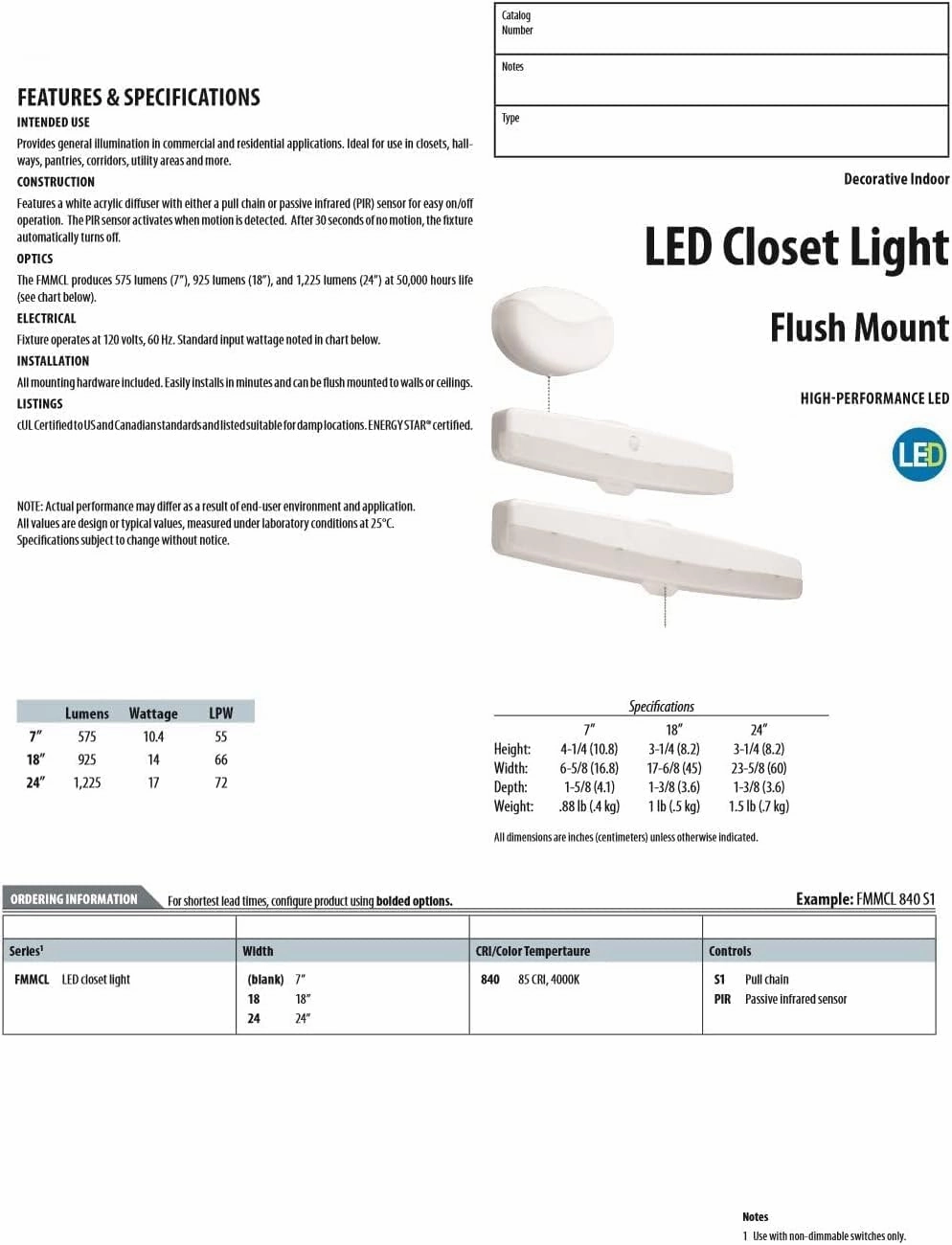Lithonia Lighting 18 Inch LED Kitchen Light Fixture, Ceiling Flush Mount Lighting, Closet Light with Motion Sensor, 120 Volts, 14 Watts, Damp Listed, 925 Lumens, White (FMMCL 18 840 PIR M4)