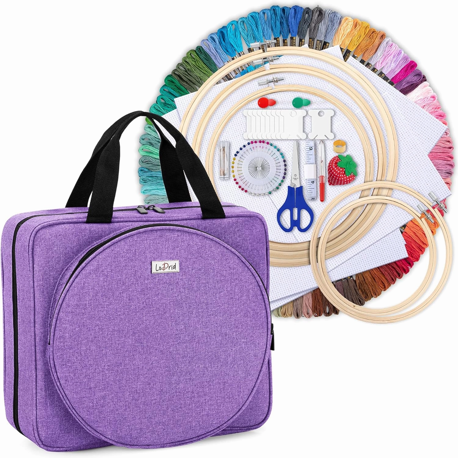 LoDrid Embroidery Kit, Embroidery Project Bag with Embroidery Kit, Portable Craft Carry Case with Starter Kit, Embroidery Supplies Storage Bag and Cross Stitch Kits for Beginner, Adults, Purple