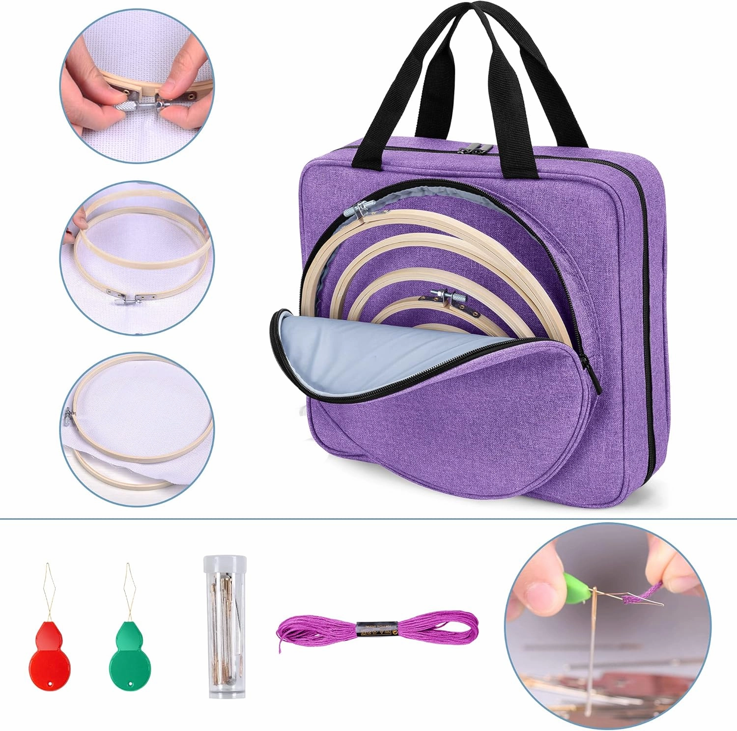 LoDrid Embroidery Kit, Embroidery Project Bag with Embroidery Kit, Portable Craft Carry Case with Starter Kit, Embroidery Supplies Storage Bag and Cross Stitch Kits for Beginner, Adults, Purple