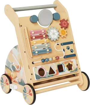 LOL-FUN Wooden Baby Walker with Detachable Busy Board, Push Walker for Baby with Adjustable Speed Wheels, Activity Learning Walker for Boys 6-12 Months