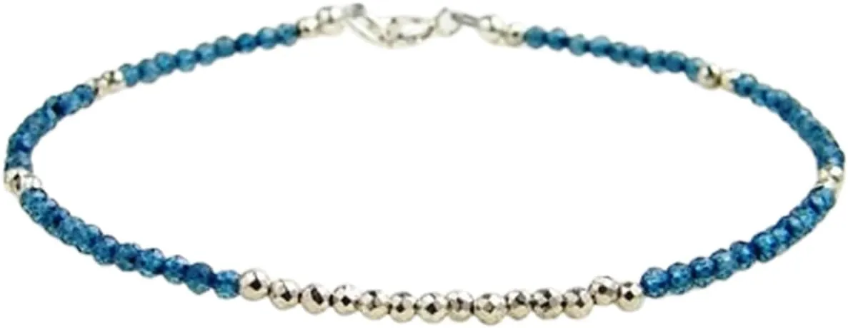 London Blue Topaz 2mm Rondelle Shape Faceted Cut Beads 7 inch Adjustable Silver Plated Clasp Bracelet for men, women, unisex. Link Chain Stacking Bracelet.|LCB_VG_04520