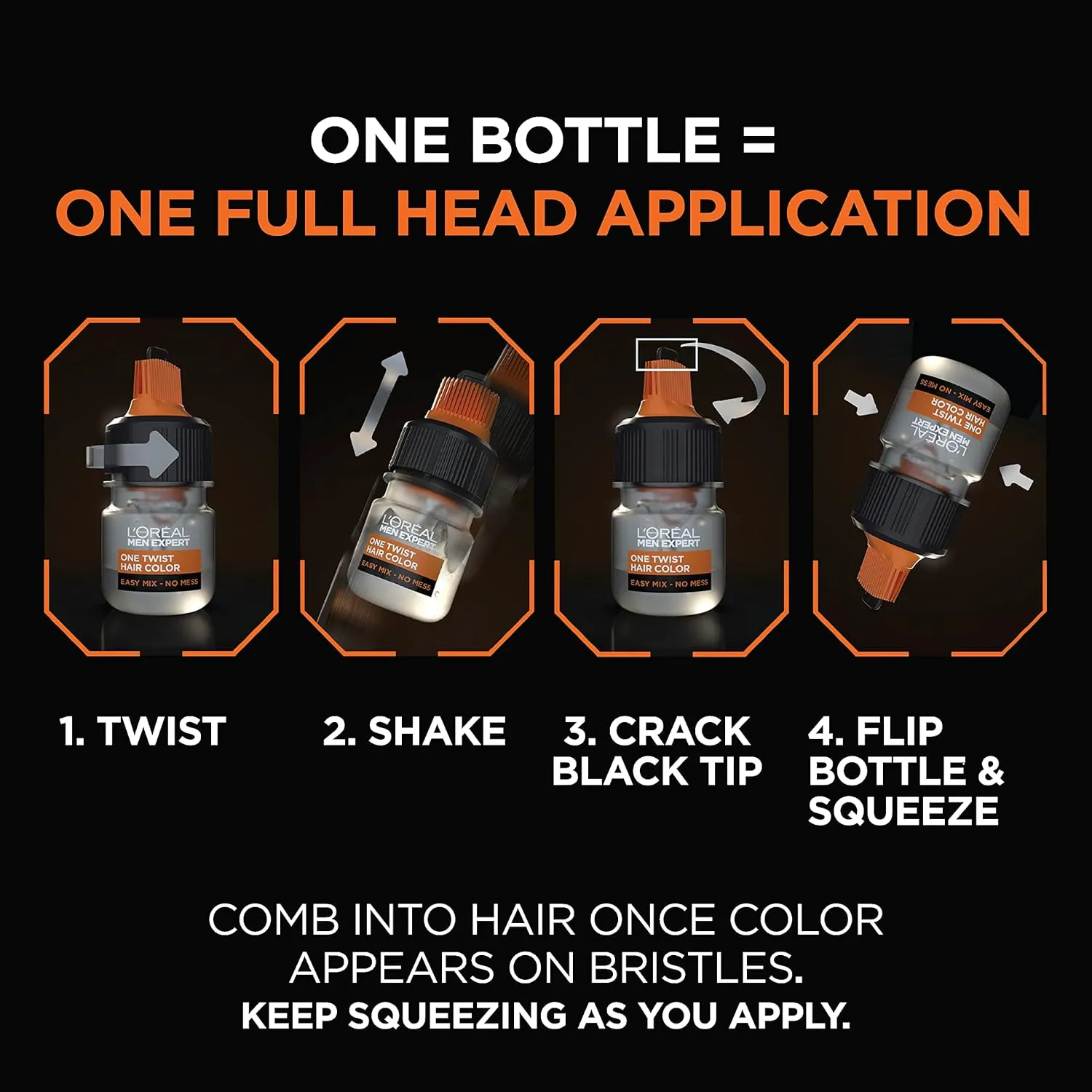L’Oreal Paris Men Expert One Twist Mess Free Permanent Hair Color, Mens Hair Dye to Cover Grays, Easy Mix Ammonia Free Application, Dark Brown 03, 2 Application Kit