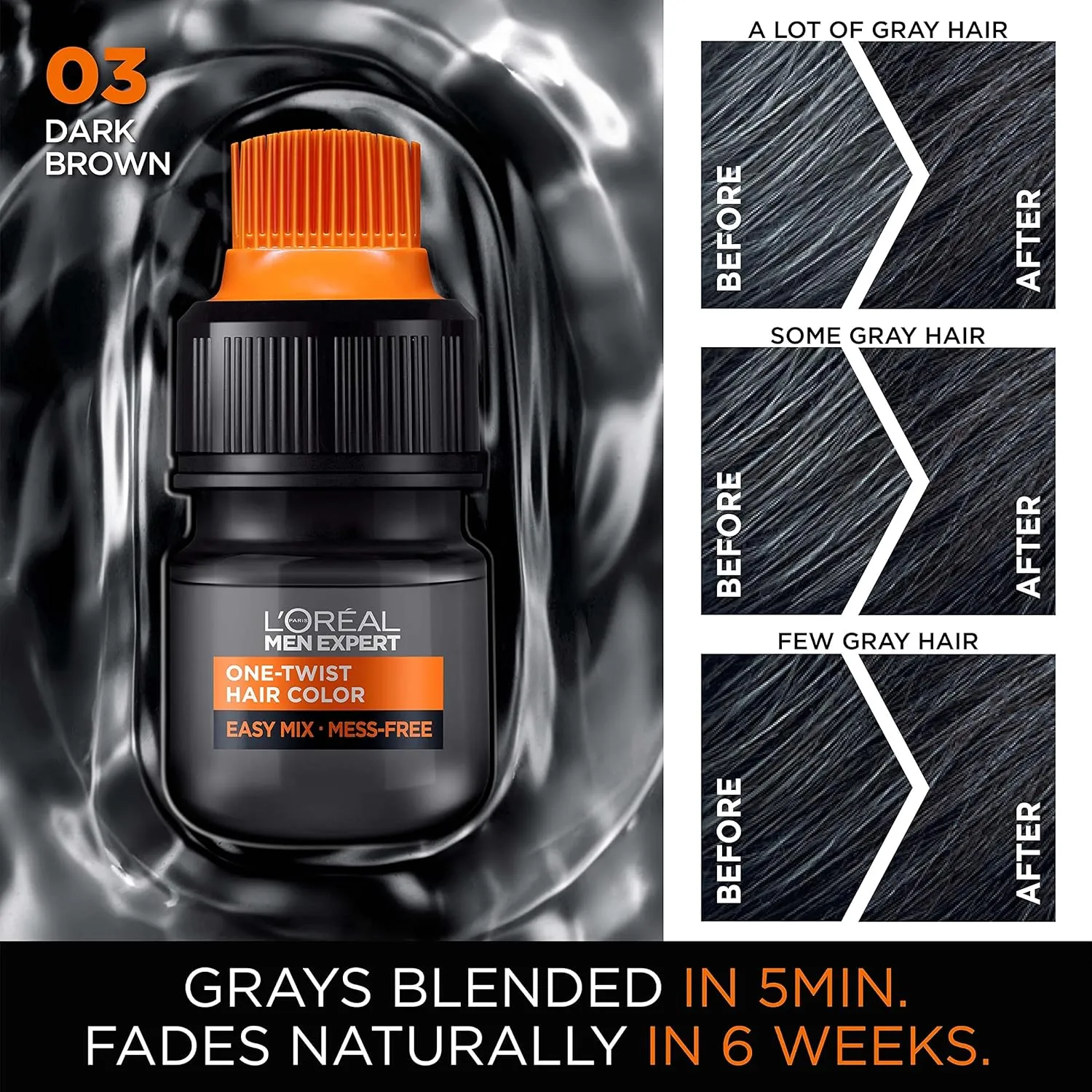 L’Oreal Paris Men Expert One Twist Mess Free Permanent Hair Color, Mens Hair Dye to Cover Grays, Easy Mix Ammonia Free Application, Dark Brown 03, 2 Application Kit