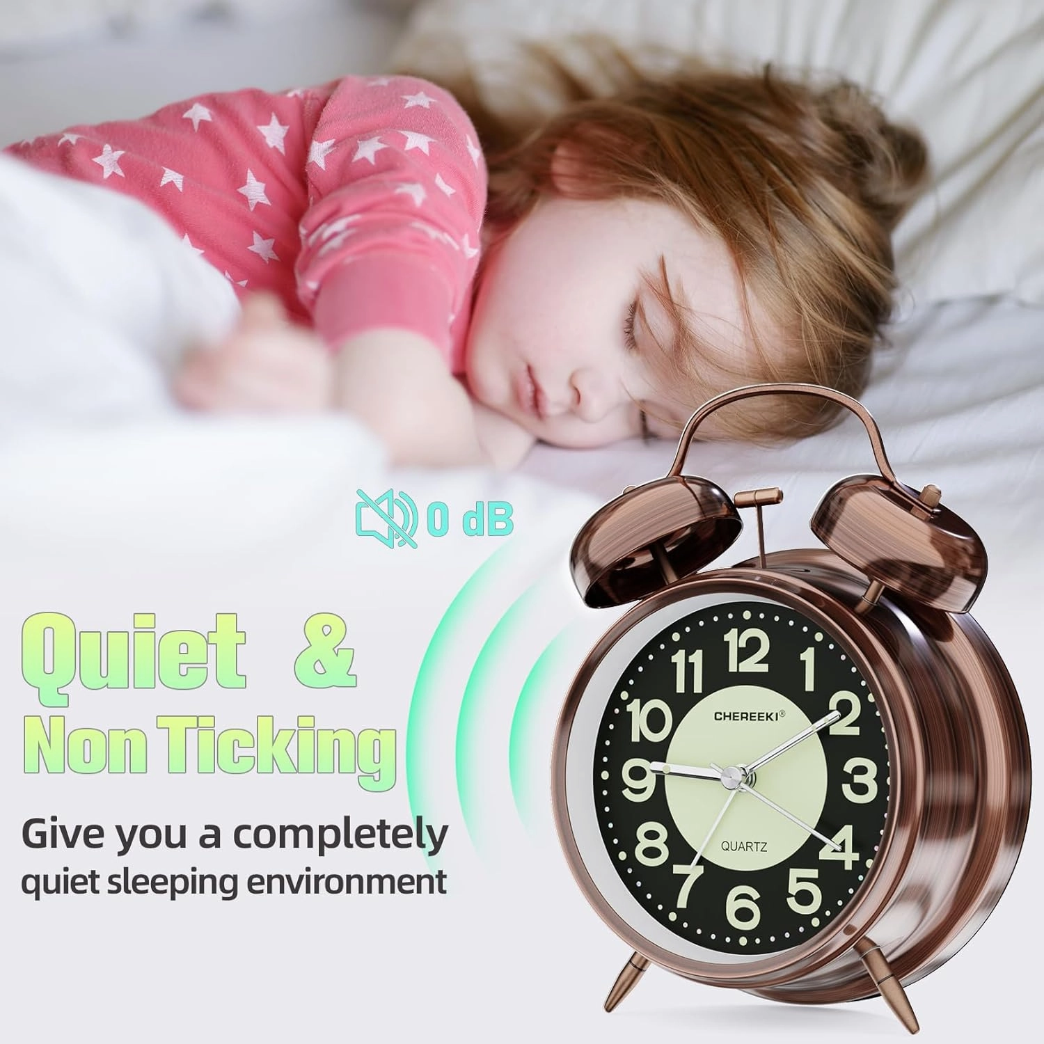 Loud Alarm Clock for Heavy Sleepers Adults, Silent Non Ticking Analog Clock with Backlight, Luminous Dial, Battery Operated Alarm Clock for Bedroom, Included Battery, Vintage Copper