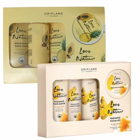 Love Nature Radiance Facial Kit Glow with Turmeric, Honey & Milk & Nourishing facial Ket Glow with Organic Guarana, Papaya & Pineapple For All Skin Types (Oriflame 4 Pcs set) Pack of 2