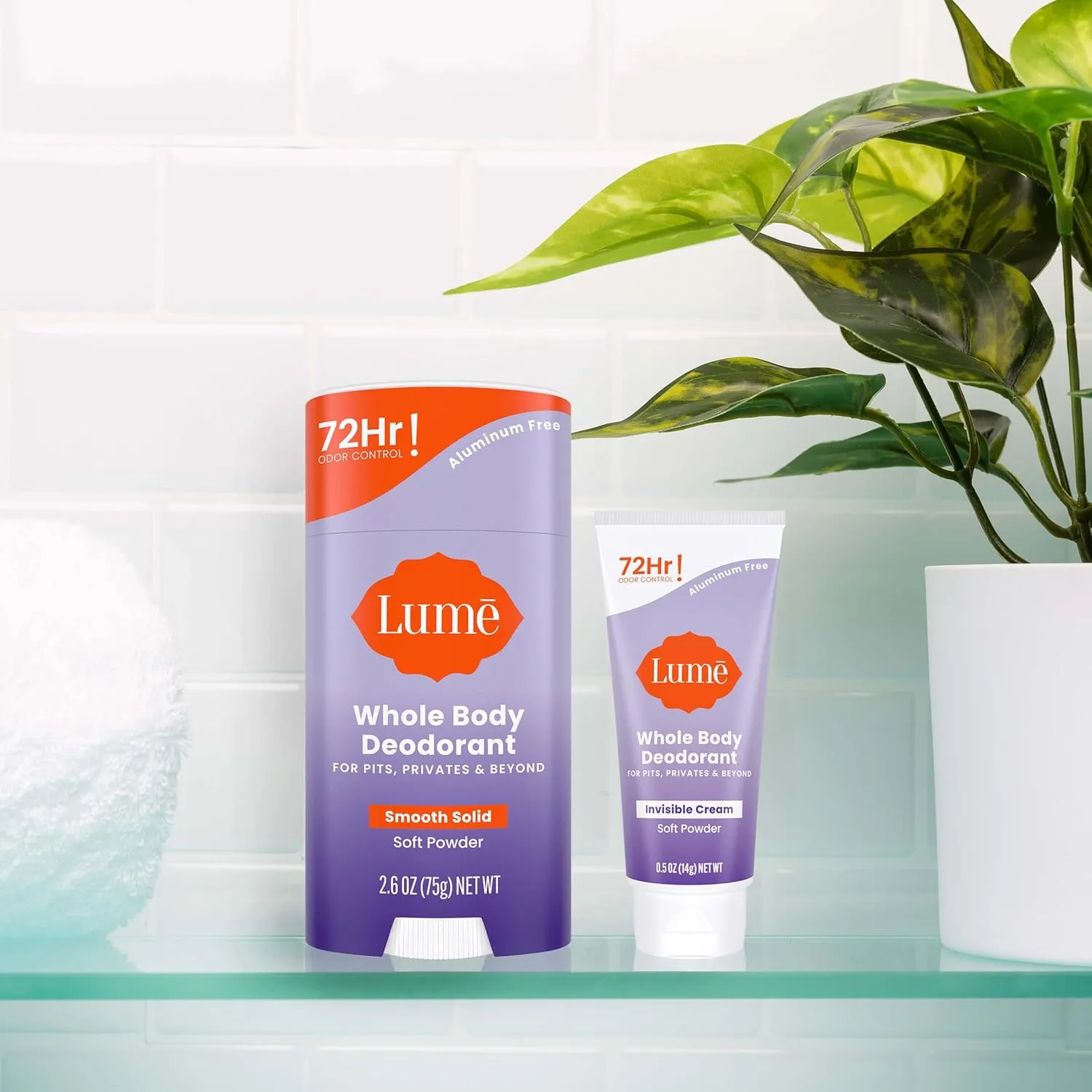 Lume Whole Body Deodorant - Invisible Cream Tube Mini and Solid Stick - 72 Hour Odor Control - Aluminum Free, Baking Soda Free, Skin Safe - 0.5 Oz Mini Tube   2.6 Oz Solid Stick (Soft Powder)