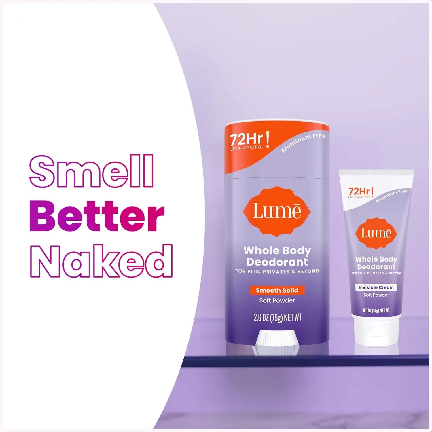 Lume Whole Body Deodorant - Invisible Cream Tube Mini and Solid Stick - 72 Hour Odor Control - Aluminum Free, Baking Soda Free, Skin Safe - 0.5 Oz Mini Tube   2.6 Oz Solid Stick (Soft Powder)