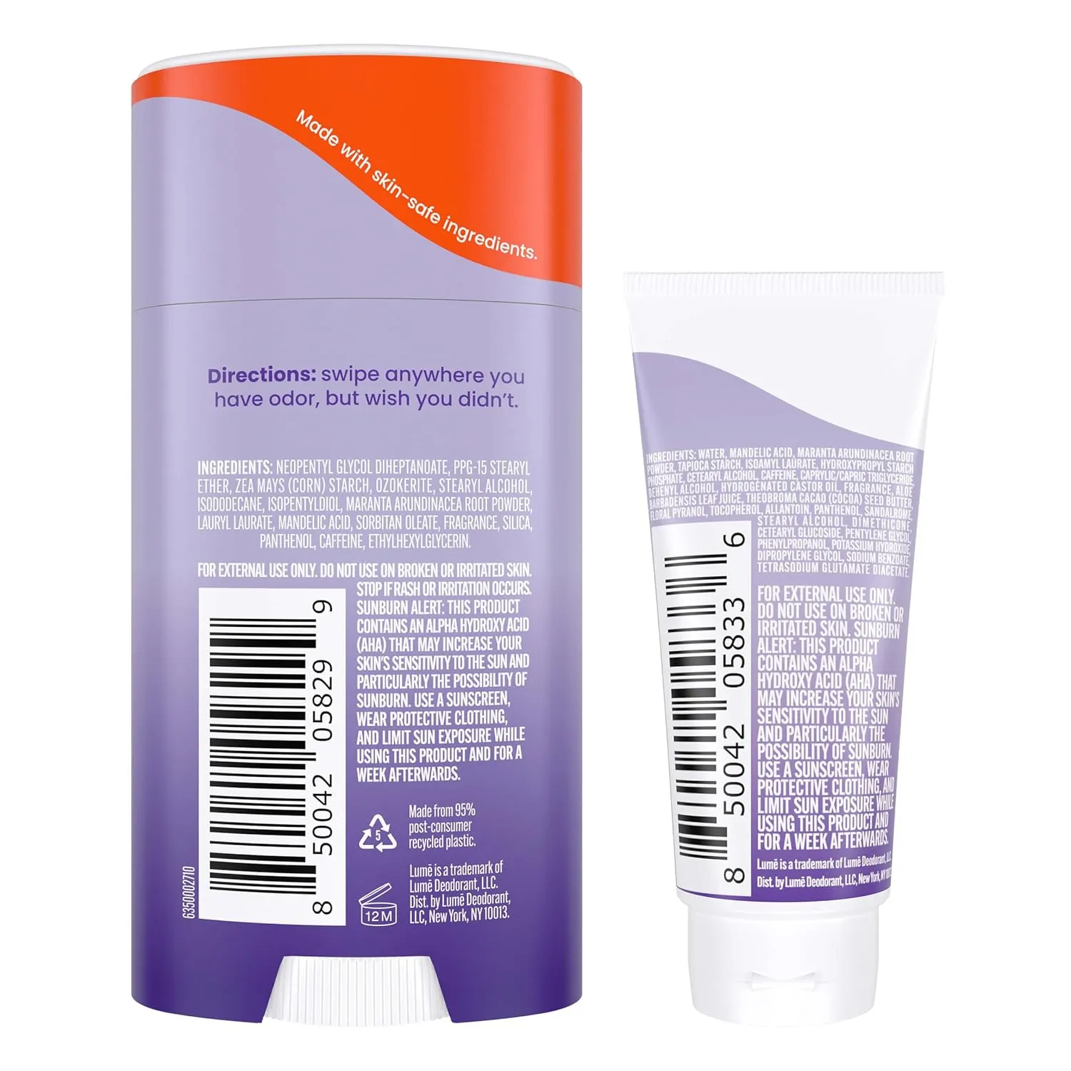 Lume Whole Body Deodorant - Invisible Cream Tube Mini and Solid Stick - 72 Hour Odor Control - Aluminum Free, Baking Soda Free, Skin Safe - 0.5 Oz Mini Tube   2.6 Oz Solid Stick (Soft Powder)