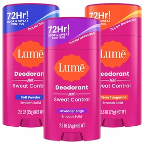 Lume Deodorant Plus Sweat Control - Smooth Solid Stick - Maximum Strength Antiperspirant - 72 Hour Odor And Sweat Control - Baking Soda Free - 2.6 ounce (Lavender Sage, Clean Tangerine & Soft Powder)
