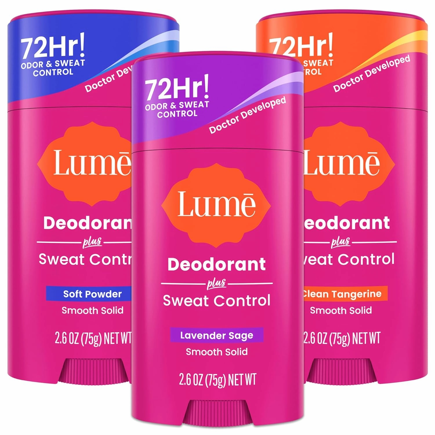 Lume Deodorant Plus Sweat Control - Smooth Solid Stick - Maximum Strength Antiperspirant - 72 Hour Odor And Sweat Control - Baking Soda Free - 2.6 ounce (Lavender Sage, Clean Tangerine & Soft Powder)