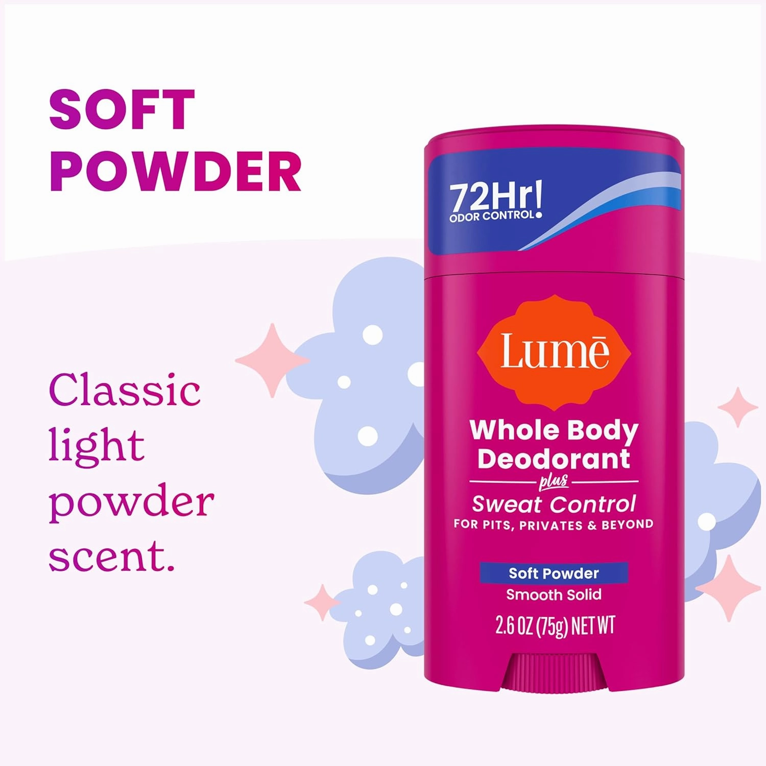 Lume Deodorant Plus Sweat Control - Smooth Solid Stick - Maximum Strength Antiperspirant - 72 Hour Odor And Sweat Control - Baking Soda Free, Skin Loving - 2.6 ounce (Soft Powder) Pack of 2