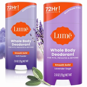 Lume Whole Body Deodorant - Smooth Solid Stick - 72 Hour Odor Control - Doctor Developed - Aluminum Free, Baking Soda Free and Skin Loving - 2.6 Ounce, Pack of 2 (Soft Powder & Lavender Sage)