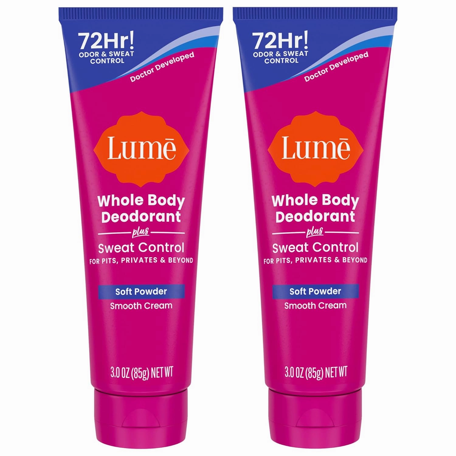 Lume Whole Body Deodorant Plus Sweat Control - Smooth Cream Tube - 72 Hour Odor And Sweat Control - Baking Soda Free, Skin Loving - 3.0 ounce (Pack of 2) (Soft Powder)