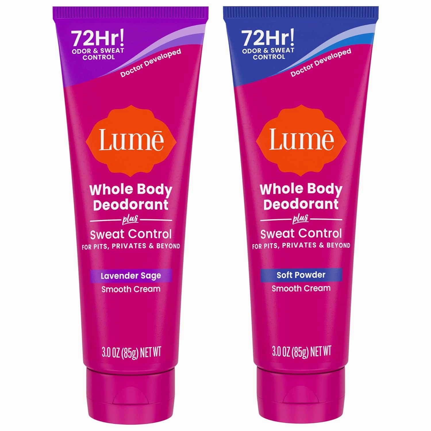 Lume Whole Body Deodorant Plus Sweat Control - Smooth Cream Tube - 72 Hour Odor And Sweat Control - Baking Soda Free, Skin Loving - 3.0 ounce, Pack of 2 (Soft Powder & Lavender Sage)