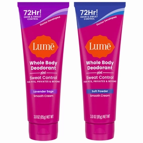Lume Whole Body Deodorant Plus Sweat Control - Smooth Cream Tube - 72 Hour Odor And Sweat Control - Baking Soda Free, Skin Loving - 3.0 ounce, Pack of 2 (Soft Powder & Lavender Sage)