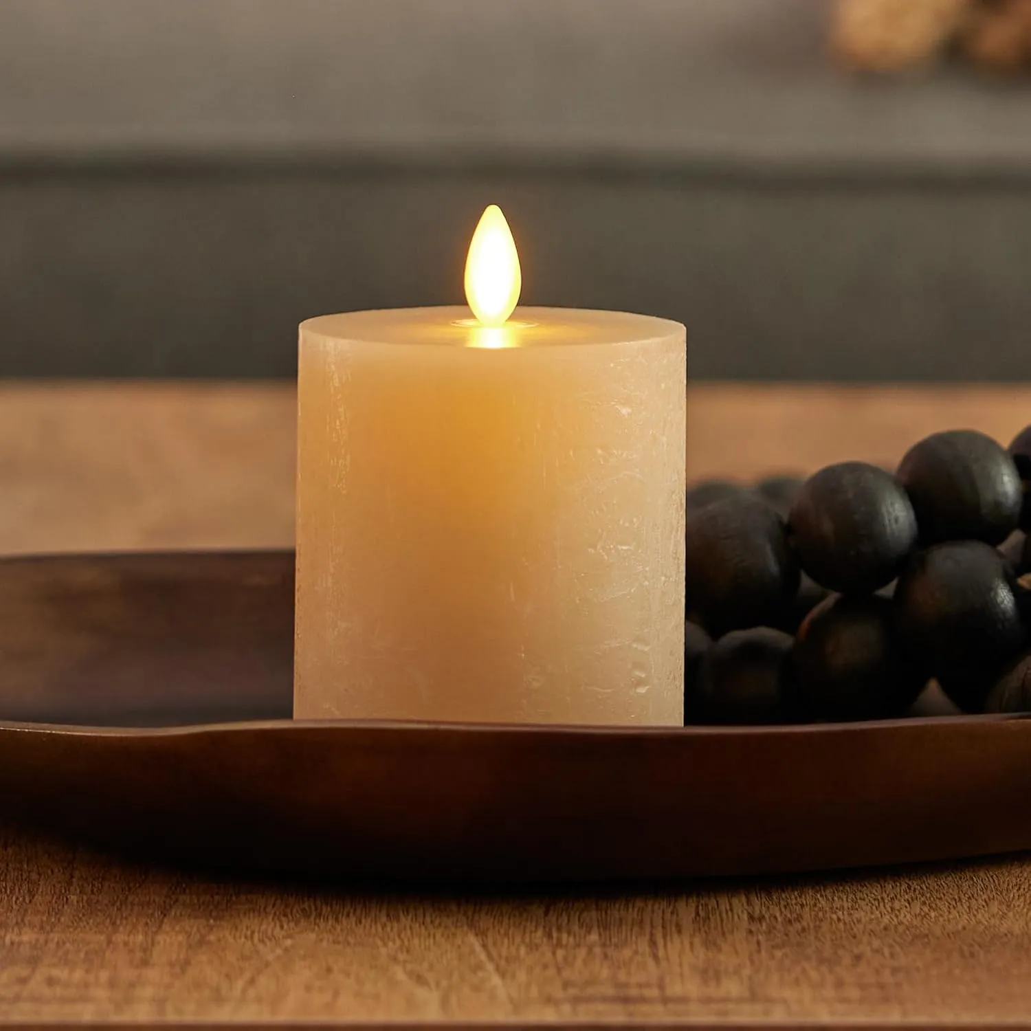 Luminara Seaglass Rechargeable Flameless LED Candle, Fog 3" x 4.5", Moving Flame Pillar Timer USB Type-C Charging Cable Unscented Real Wax