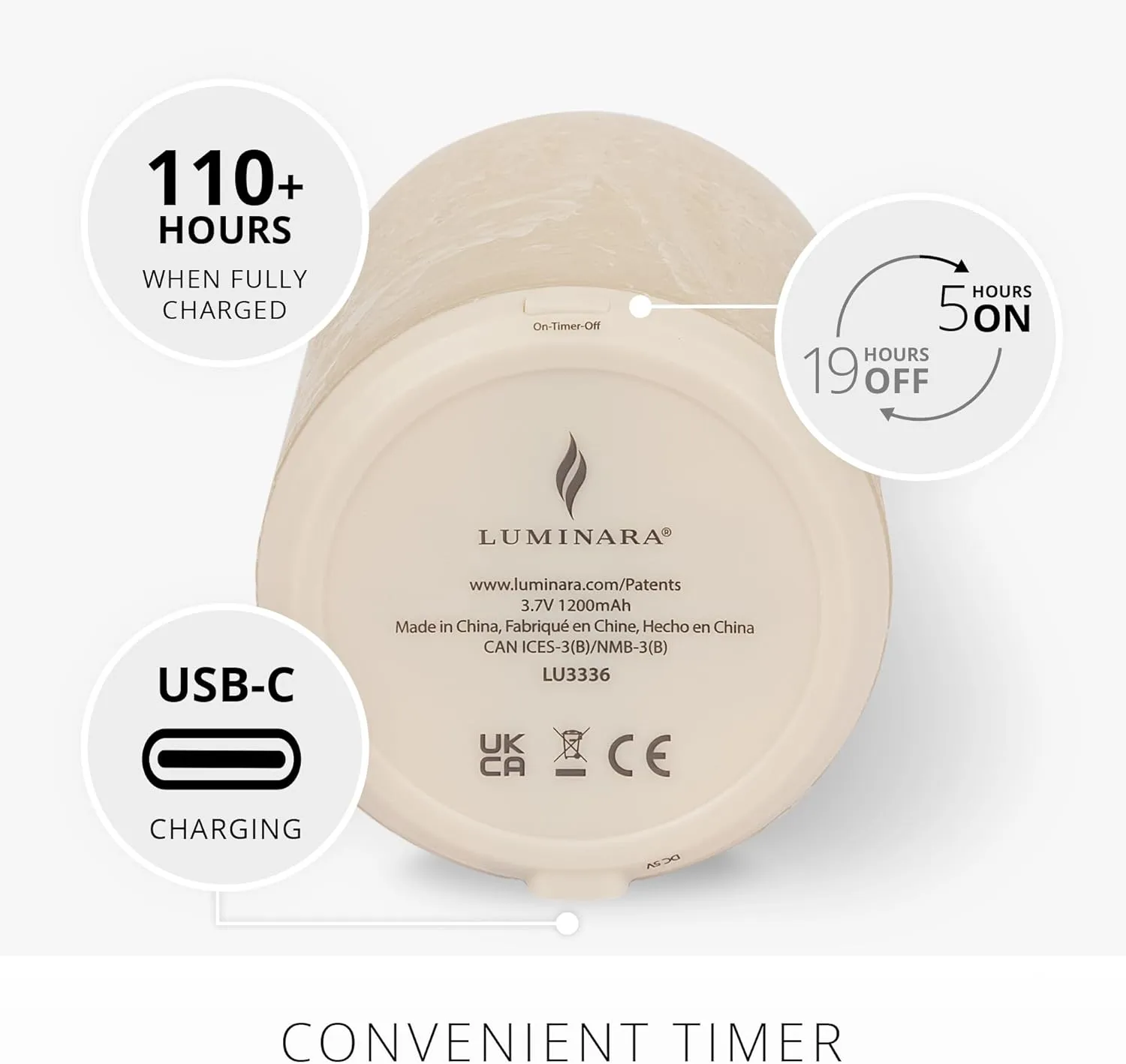 Luminara Seaglass Rechargeable Flameless LED Candle, Fog 3" x 4.5", Moving Flame Pillar Timer USB Type-C Charging Cable Unscented Real Wax