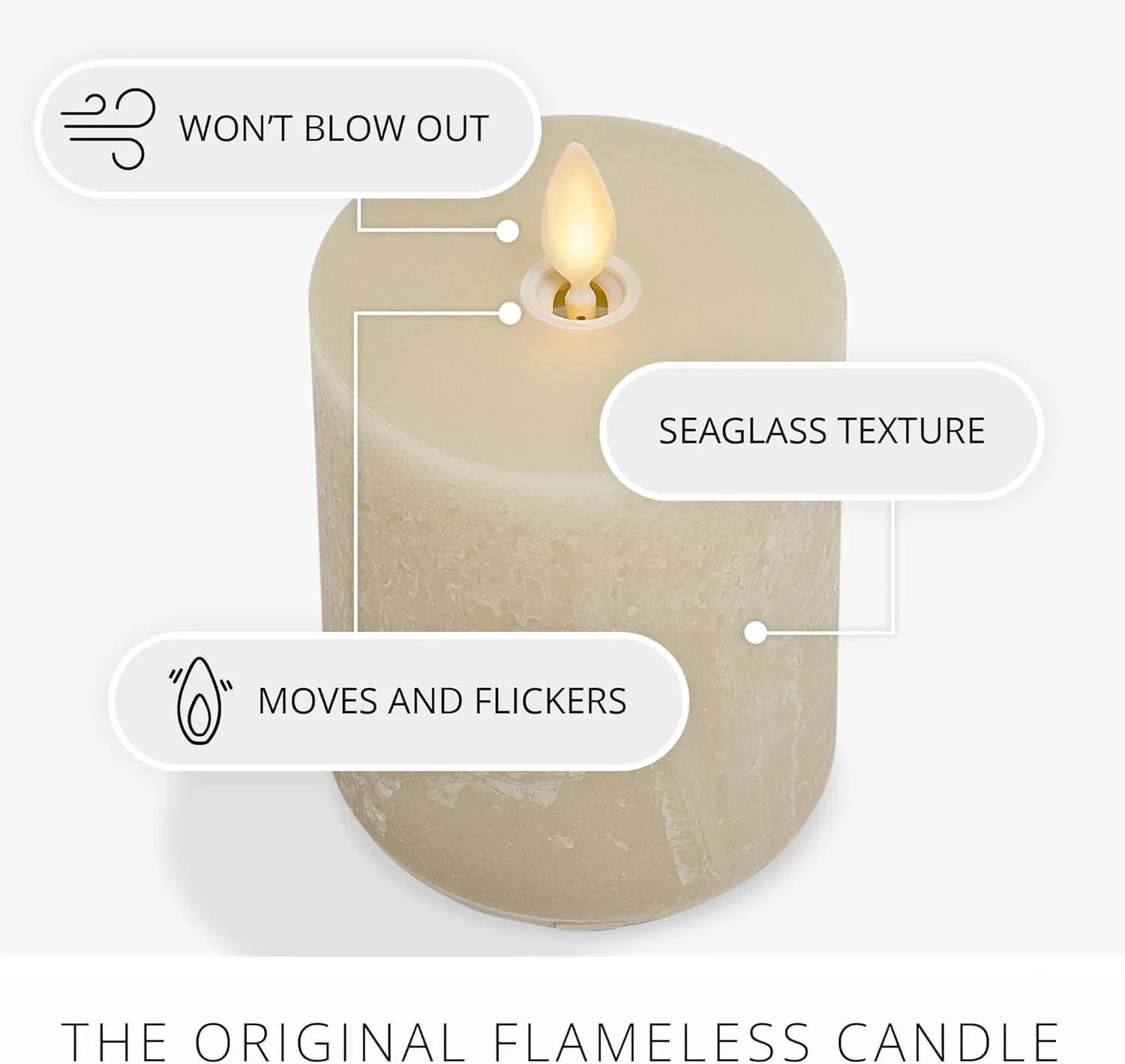 Luminara Seaglass Rechargeable Flameless LED Candle, Fog 3" x 4.5", Moving Flame Pillar Timer USB Type-C Charging Cable Unscented Real Wax