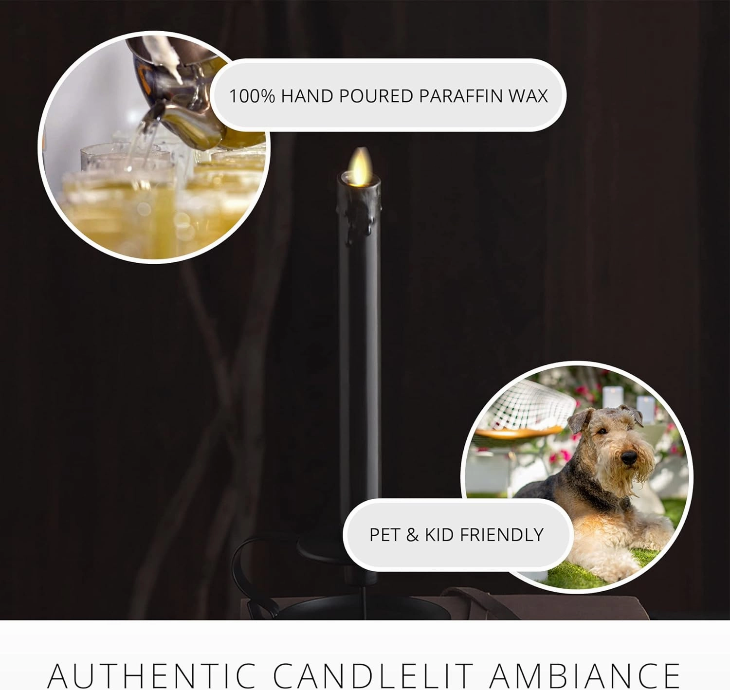 Luminara Black Single Wax Drip Flameless Candle Tapers (1 x 9.5 inch), Moving Flame LED Candle Unscented Real Wax with Dripped Top Timer Function, Table, Mantel, Holiday Decoration