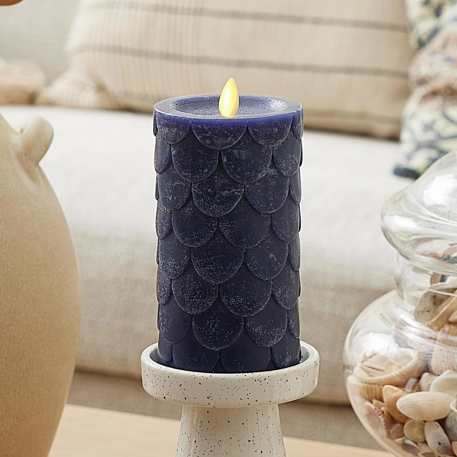 Luminara Embossed Fish Scale Flameless LED Candle, Midnight Blue, 3.25" x 6.5", Moving Flame Pillar, Battery Operated with Timer, Indoor