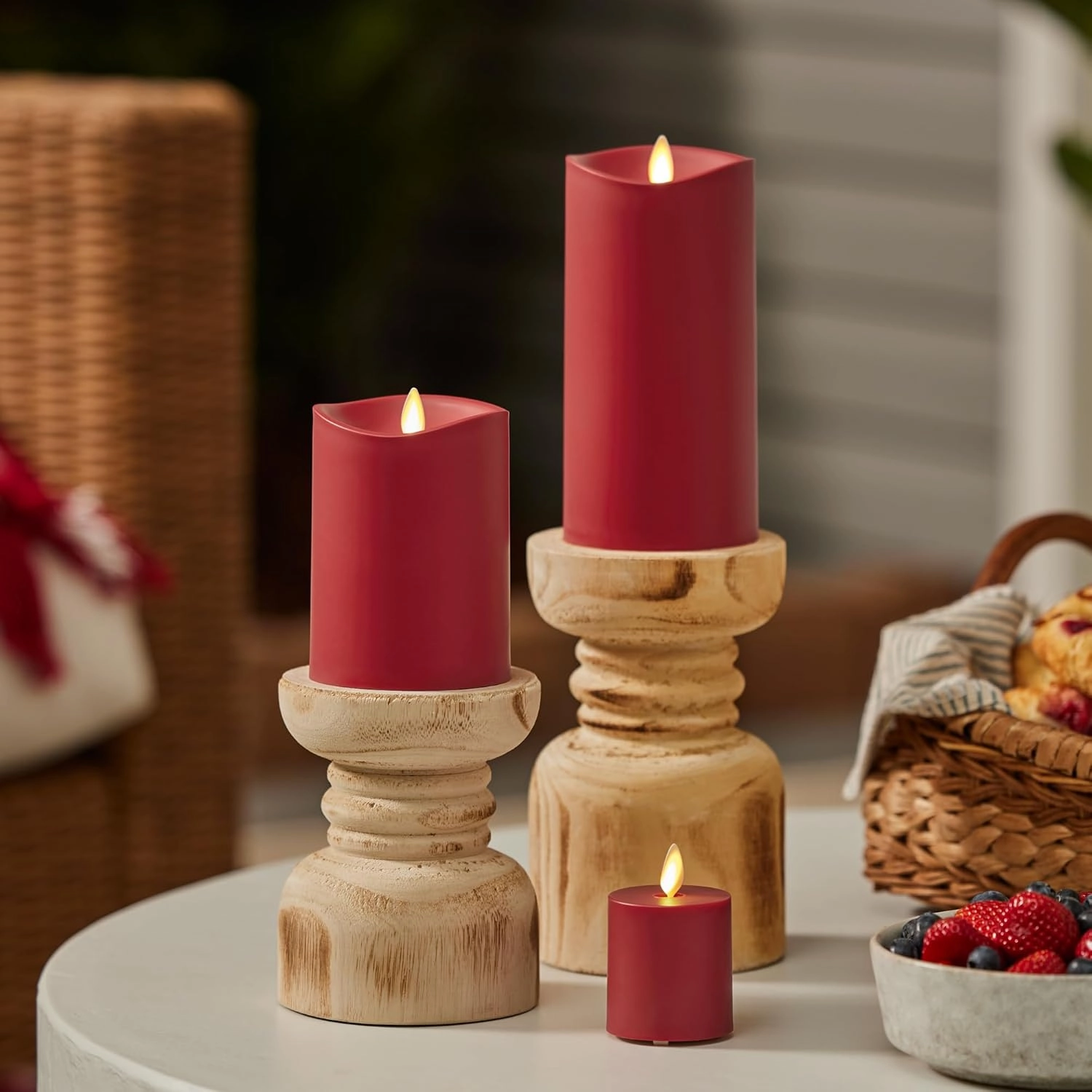 Luminara Outdoor Flameless LED Candle, Cherry Red 3.25" x 7", Moving Flame Pillar Timer Battery Operated Premium Plastic IPX4 Water Resistance