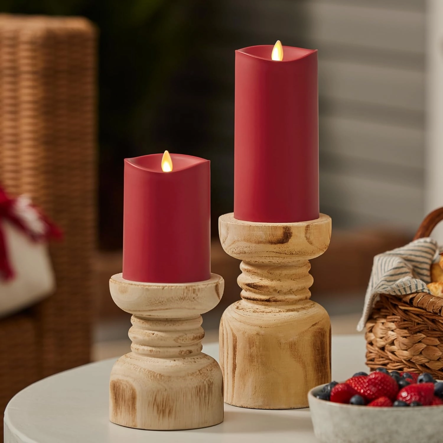 Luminara Outdoor Flameless LED Candle, Cherry Red 3.25" x 7", Moving Flame Pillar Timer Battery Operated Premium Plastic IPX4 Water Resistance