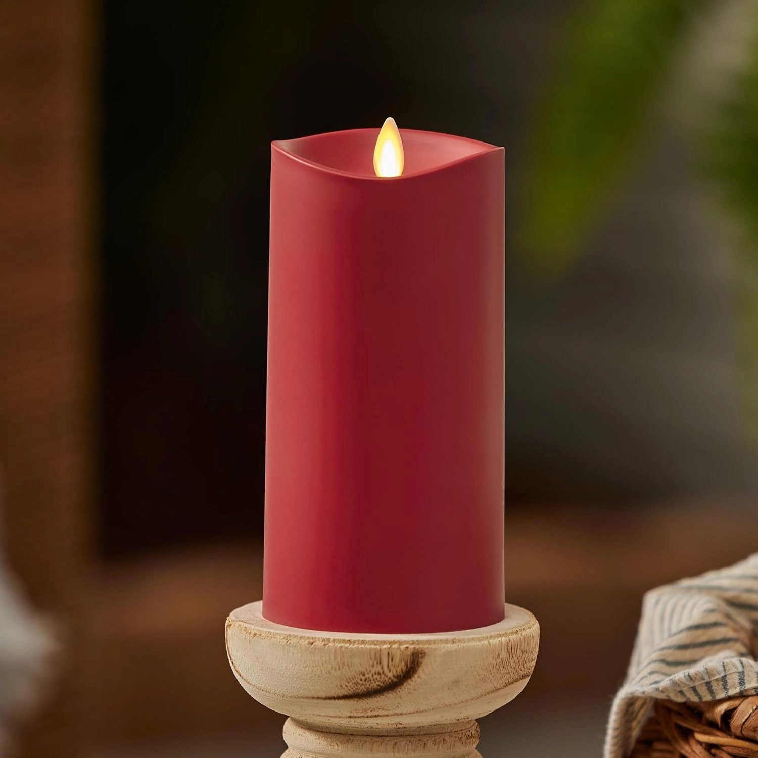 Luminara Outdoor Flameless LED Candle, Cherry Red 3.25" x 7", Moving Flame Pillar Timer Battery Operated Premium Plastic IPX4 Water Resistance