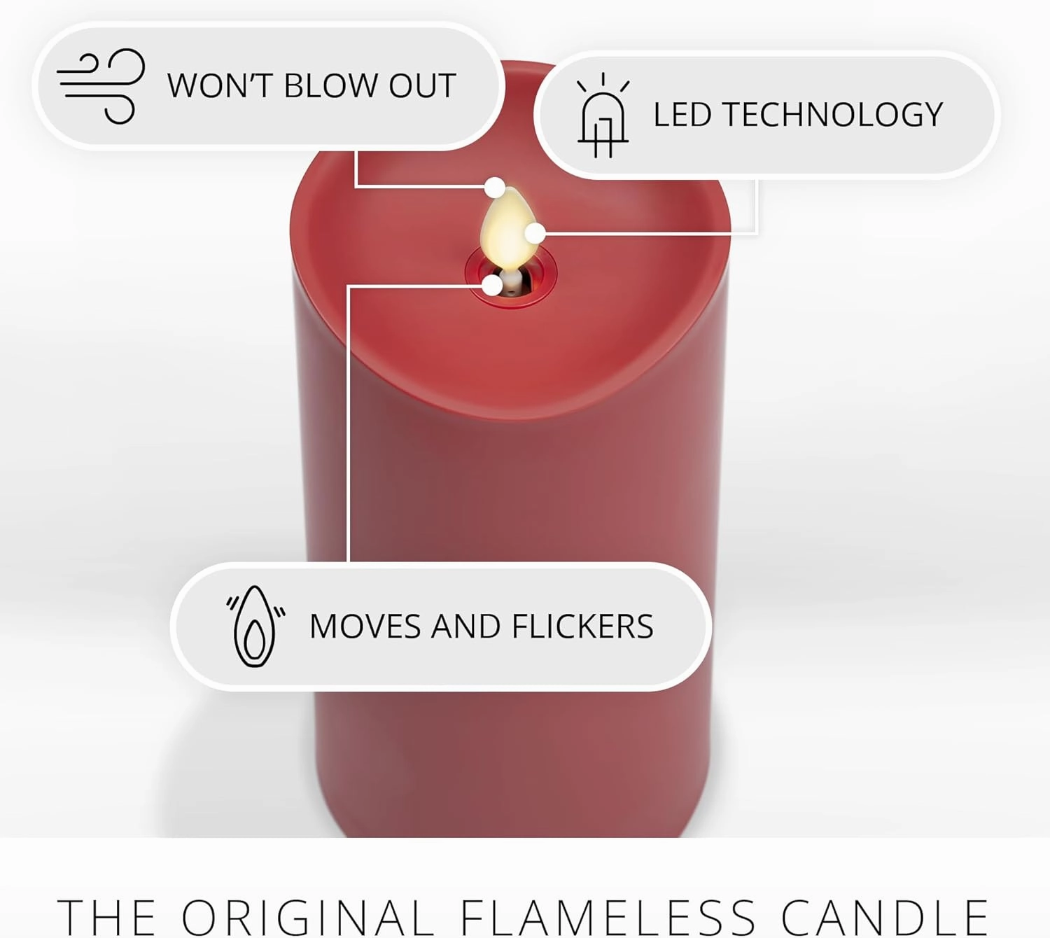 Luminara Outdoor Flameless LED Candle, Cherry Red 3.25" x 7", Moving Flame Pillar Timer Battery Operated Premium Plastic IPX4 Water Resistance
