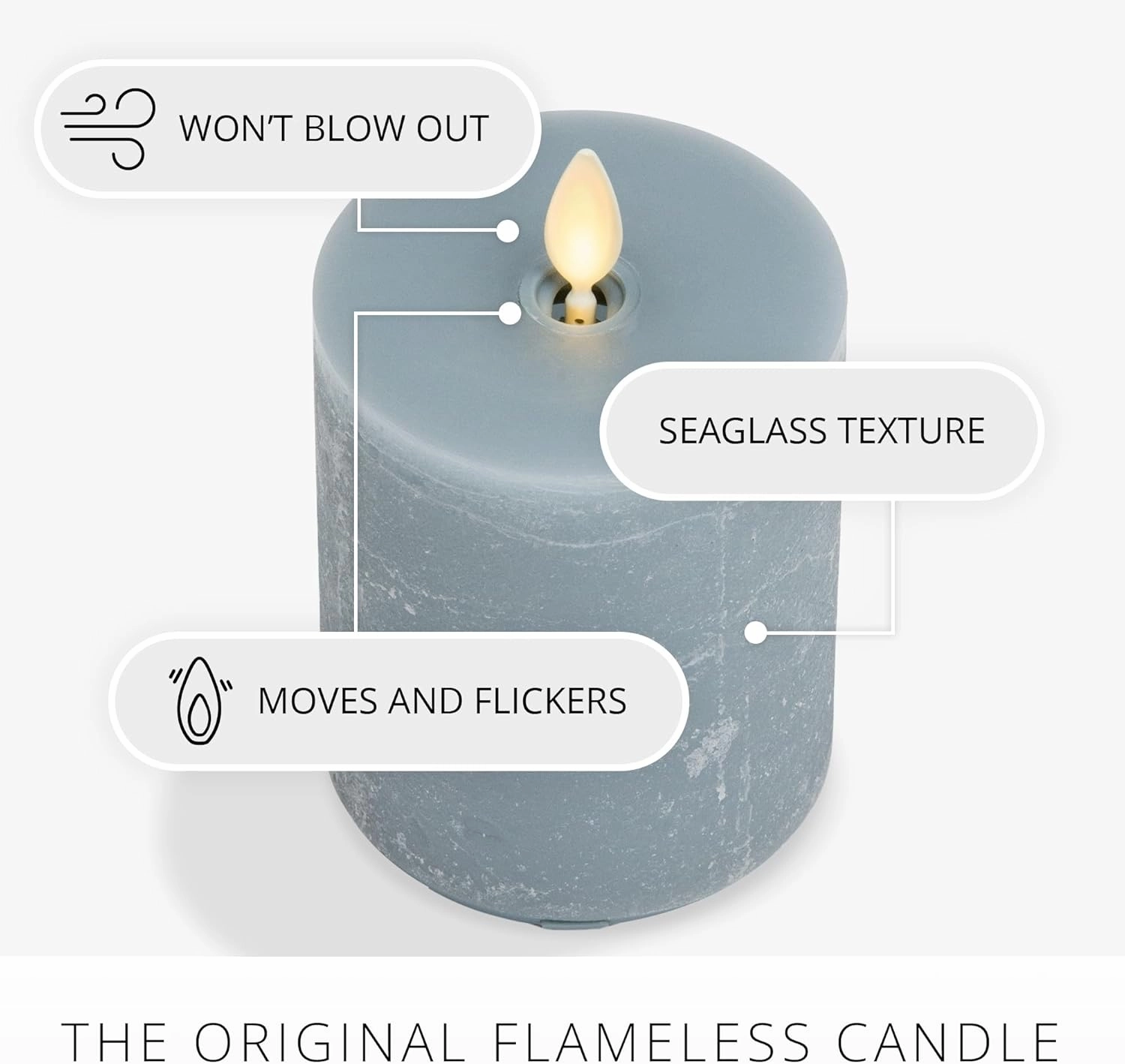 Luminara Seaglass Rechargeable Flameless LED Candle, Silver Blue 3" x 4.5", Moving Flame Pillar Timer, USB Type-C Charging Cable, Unscented Real Wax