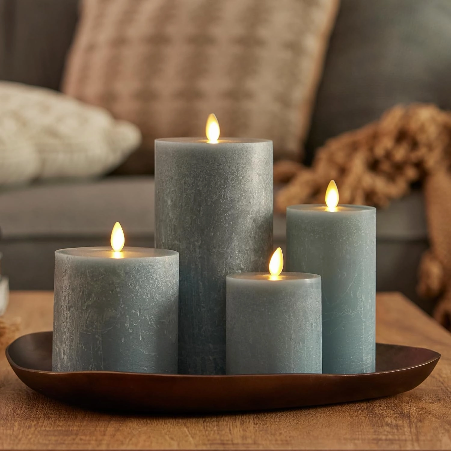 Luminara Seaglass Rechargeable Flameless LED Candle, Silver Blue 3" x 4.5", Moving Flame Pillar Timer, USB Type-C Charging Cable, Unscented Real Wax