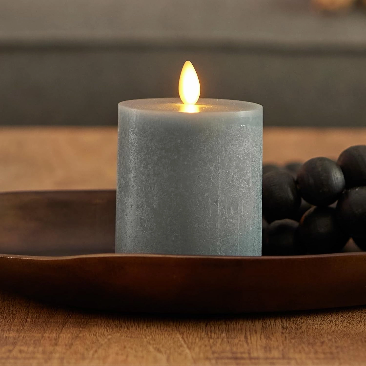 Luminara Seaglass Rechargeable Flameless LED Candle, Silver Blue 3" x 4.5", Moving Flame Pillar Timer, USB Type-C Charging Cable, Unscented Real Wax