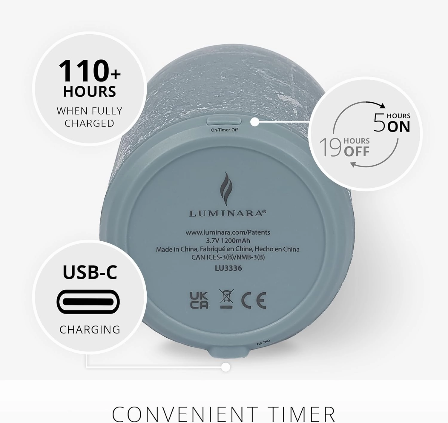Luminara Seaglass Rechargeable Flameless LED Candle, Silver Blue 3" x 4.5", Moving Flame Pillar Timer, USB Type-C Charging Cable, Unscented Real Wax