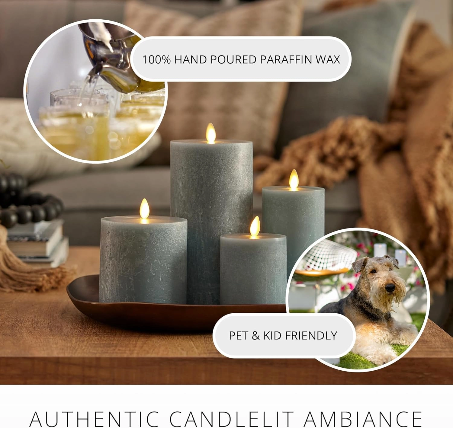 Luminara Seaglass Rechargeable Flameless LED Candle, Silver Blue 3" x 4.5", Moving Flame Pillar Timer, USB Type-C Charging Cable, Unscented Real Wax