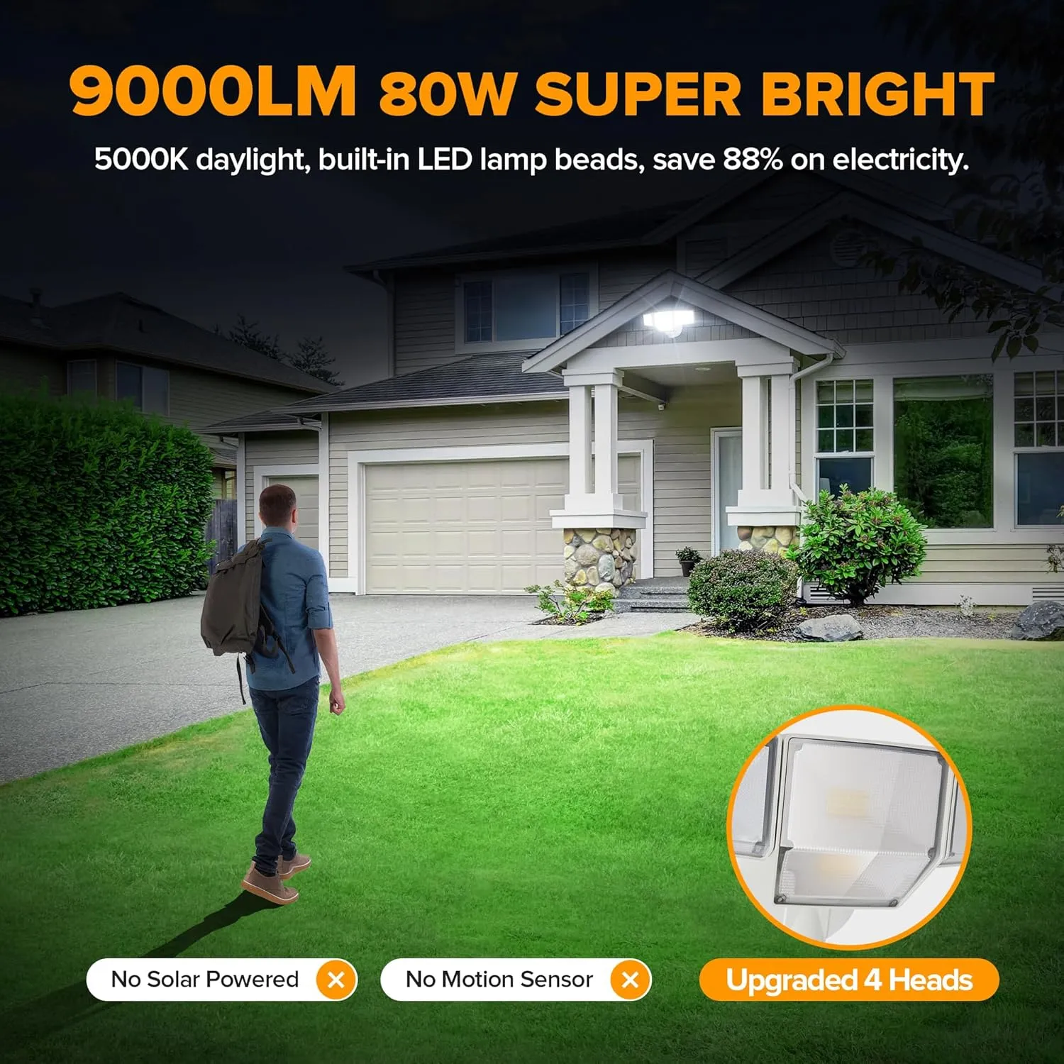 LUTEC 80W Dusk to Dawn Flood Lights Outdoor, 9000LM Super Bright LED Security Light with Photocell, IP65 Waterproof, 5000K Daylight, 4 Heads Floodlight for Garage, Yard, Patio (White)