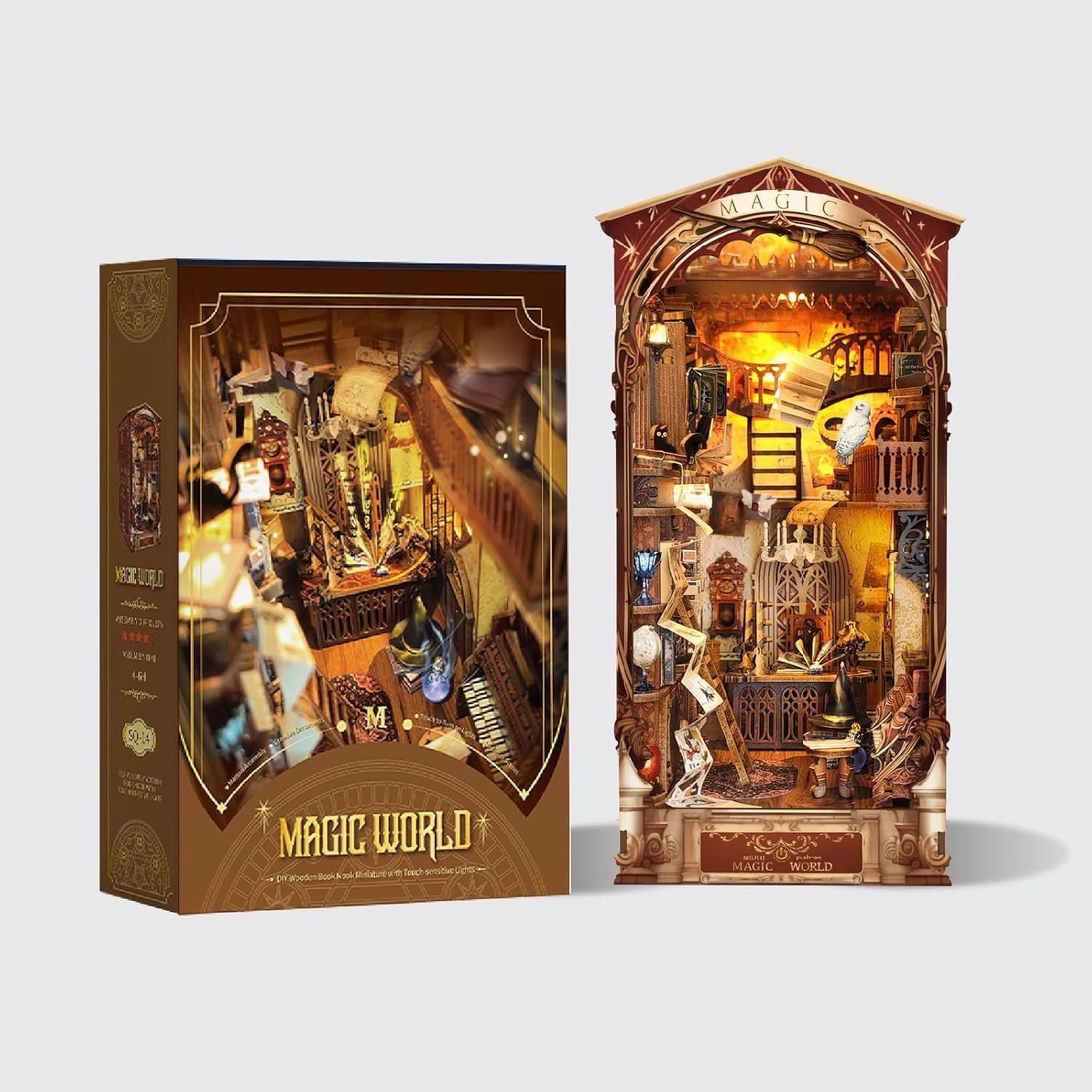 Magic Book Nook Kit - DIY Miniature House kit for Adults AMD Teens, Dollhouse Kit 3D Wooden Puzzle Book Nook Bookshelf Decor, Gifts for Family, Friends - Magic World(SQ-14)