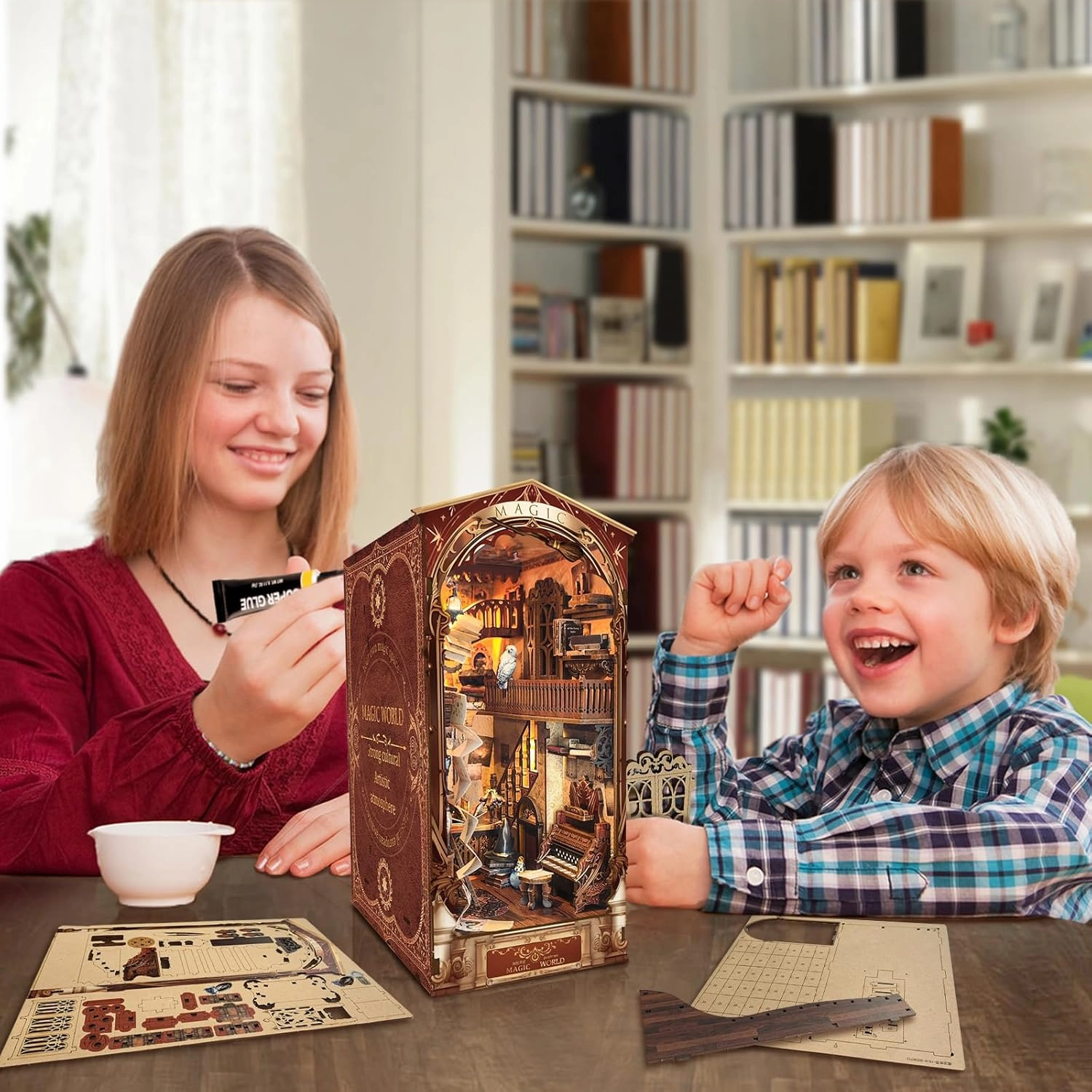 Magic Book Nook Kit - DIY Miniature House kit for Adults AMD Teens, Dollhouse Kit 3D Wooden Puzzle Book Nook Bookshelf Decor, Gifts for Family, Friends - Magic World(SQ-14)