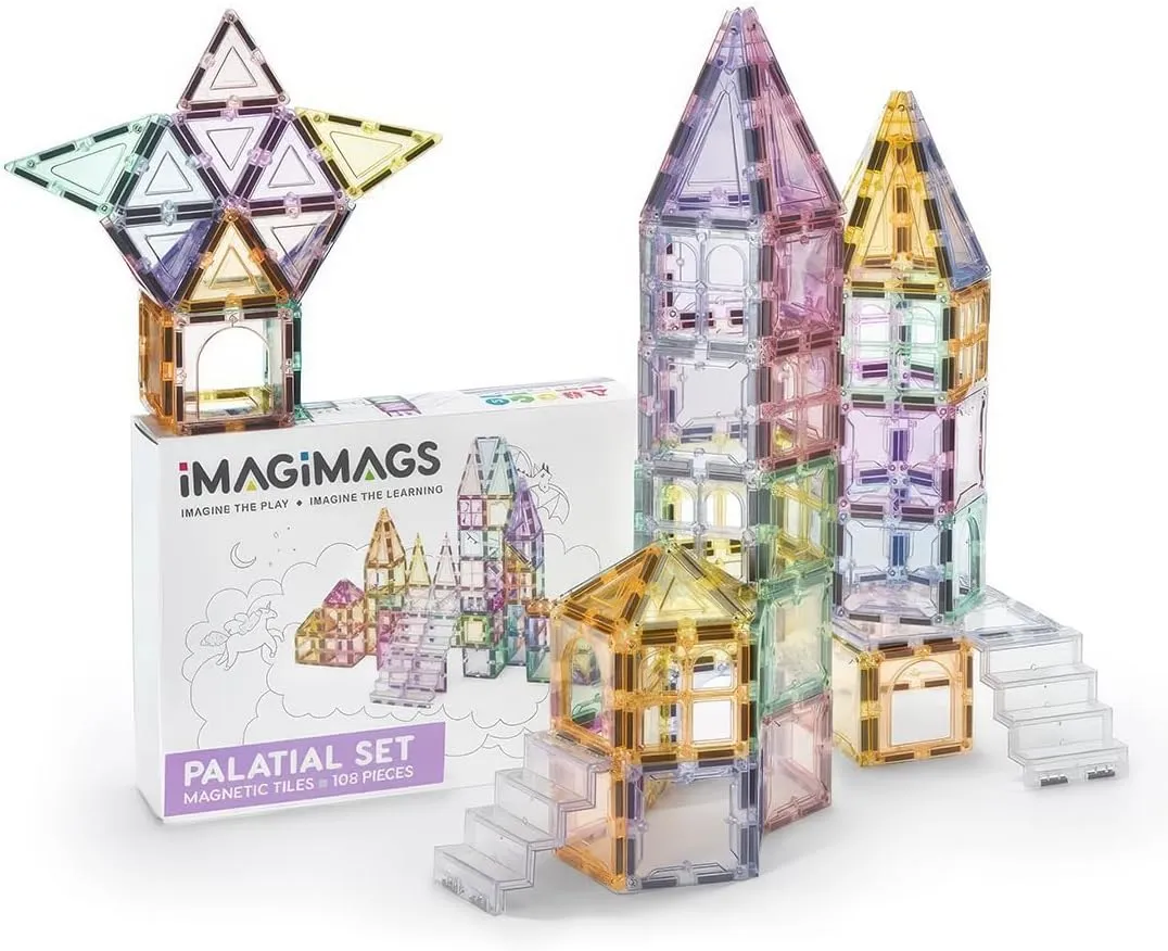 Magnetic Building Tiles, 108 Piece Palatial Set for Boys Girls Kids, Pastel Magnetic Tiles Activity Building Block Toddler Toys, STEM, Children Ages 3 Years  