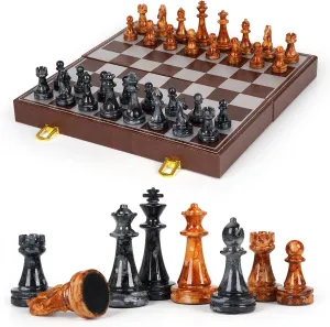 Magnetic Chess Board Set for Adults 12 Inch Folding Leather Chess Boards with Handmade Chesss Pieces, Portable Travel Family Chess Game for Tournament Professional Beginner with Storage Slots