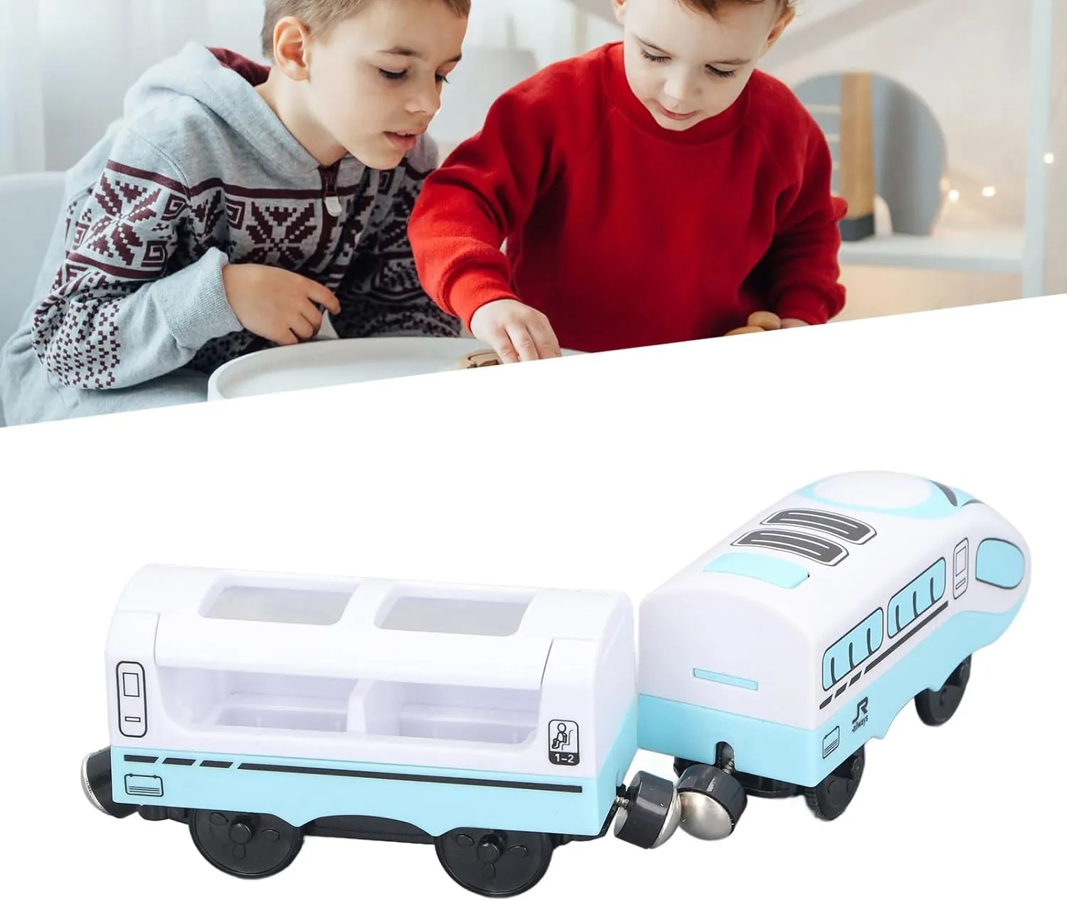 Magnetic Connection Battery Operated Electric Toys with Trolley for Toddlers Kids (Blue and White)