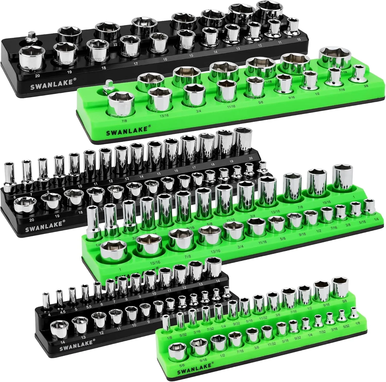 Magnetic Socket Organizer Set, 6-piece 1/4", 3/8", 1/2" SAE & Metric Socket Holder, Drive Socket Trays, Storage Tool Box, Holding 143 Slots, Soft Rubber Covering Black Green Tools