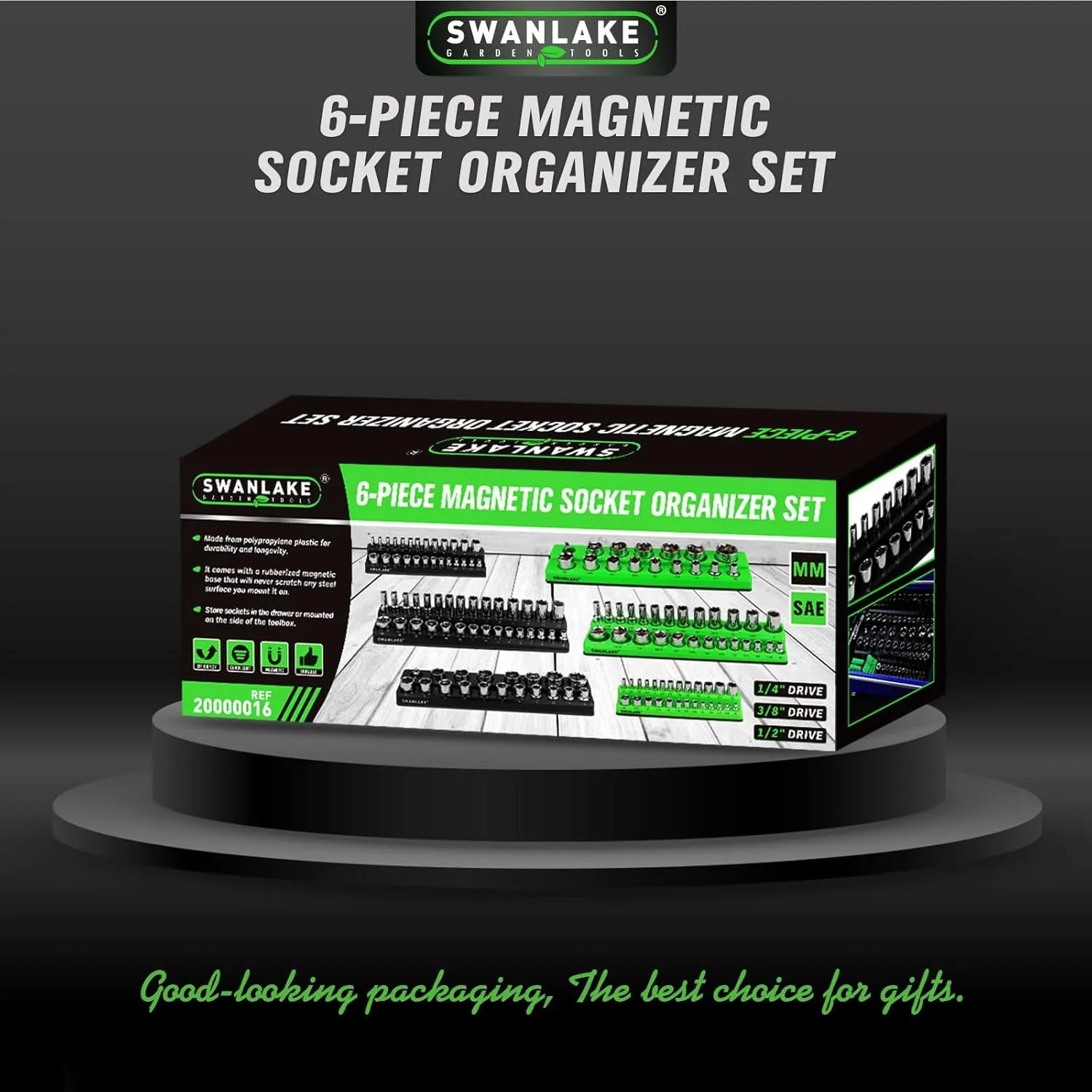 Magnetic Socket Organizer Set, 6-piece 1/4", 3/8", 1/2" SAE & Metric Socket Holder, Drive Socket Trays, Storage Tool Box, Holding 143 Slots, Soft Rubber Covering Black Green Tools