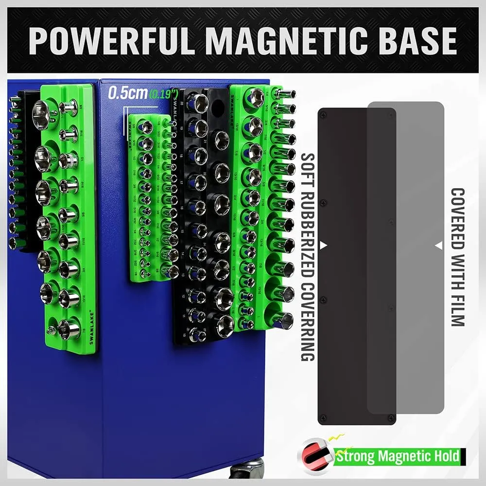 Magnetic Socket Organizer Set, 6-piece 1/4", 3/8", 1/2" SAE & Metric Socket Holder, Drive Socket Trays, Storage Tool Box, Holding 143 Slots, Soft Rubber Covering Black Green Tools