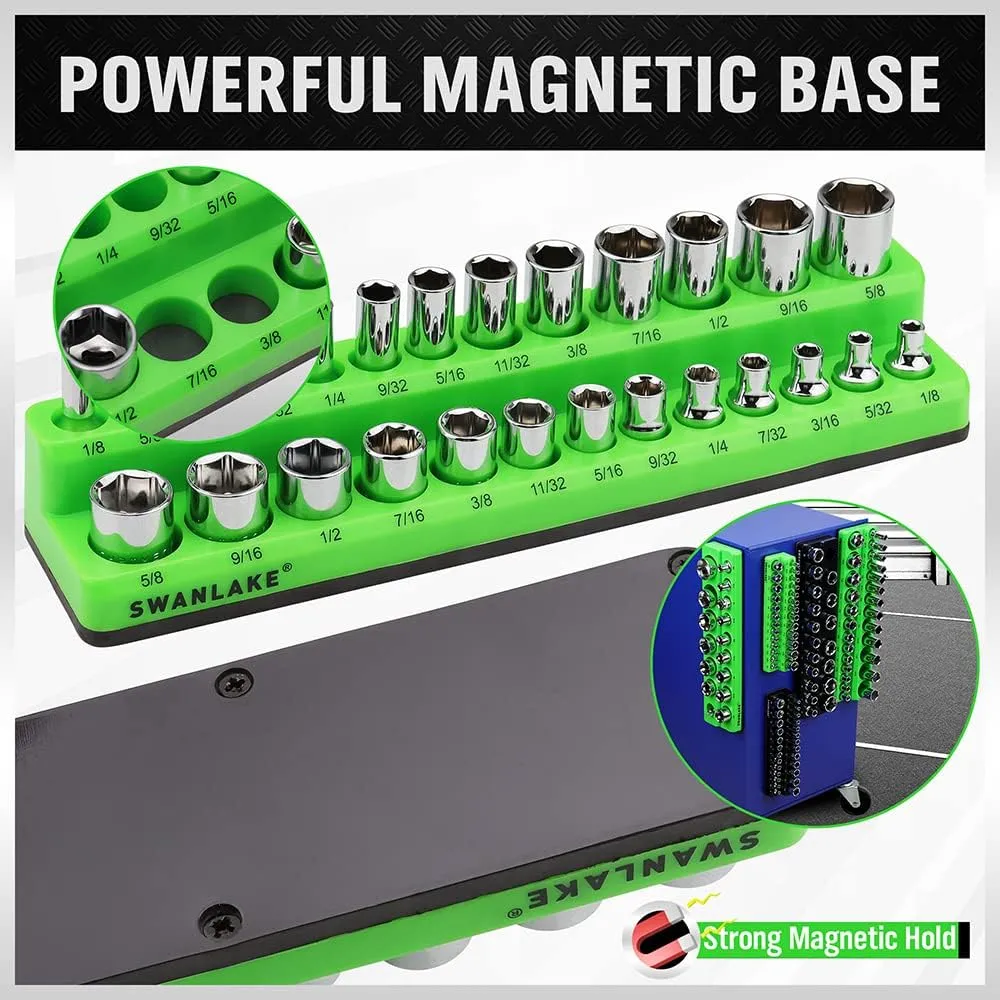 Magnetic Socket Organizer Set, 6-piece 1/4", 3/8", 1/2" SAE & Metric Socket Holder, Drive Socket Trays, Storage Tool Box, Holding 143 Slots, Soft Rubber Covering Black Green Tools