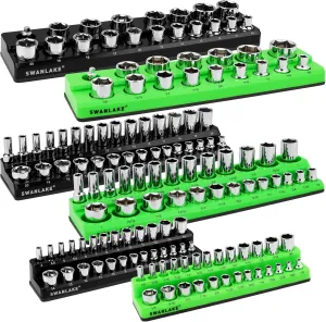 Magnetic Socket Organizer Set, 6-piece 1/4", 3/8", 1/2" SAE & Metric Socket Holder, Drive Socket Trays, Storage Tool Box, Holding 143 Slots, Soft Rubber Covering Black Green Tools