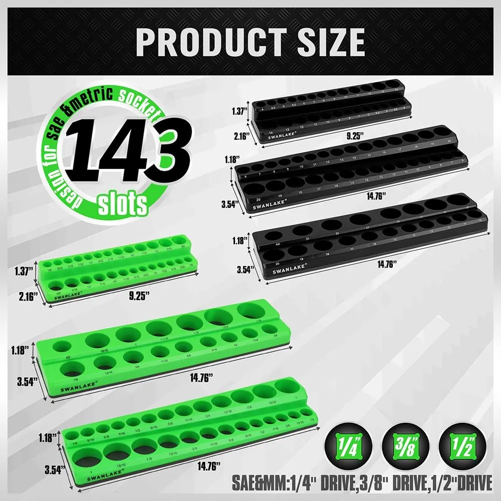 Magnetic Socket Organizer Set, 6-piece 1/4", 3/8", 1/2" SAE & Metric Socket Holder, Drive Socket Trays, Storage Tool Box, Holding 143 Slots, Soft Rubber Covering Black Green Tools