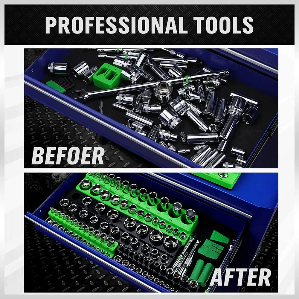 Magnetic Socket Organizer Set, 6-piece 1/4", 3/8", 1/2" SAE & Metric Socket Holder, Drive Socket Trays, Storage Tool Box, Holding 143 Slots, Soft Rubber Covering Black Green Tools