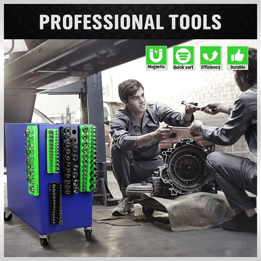 Magnetic Socket Organizer Set, 6-piece 1/4", 3/8", 1/2" SAE & Metric Socket Holder, Drive Socket Trays, Storage Tool Box, Holding 143 Slots, Soft Rubber Covering Black Green Tools