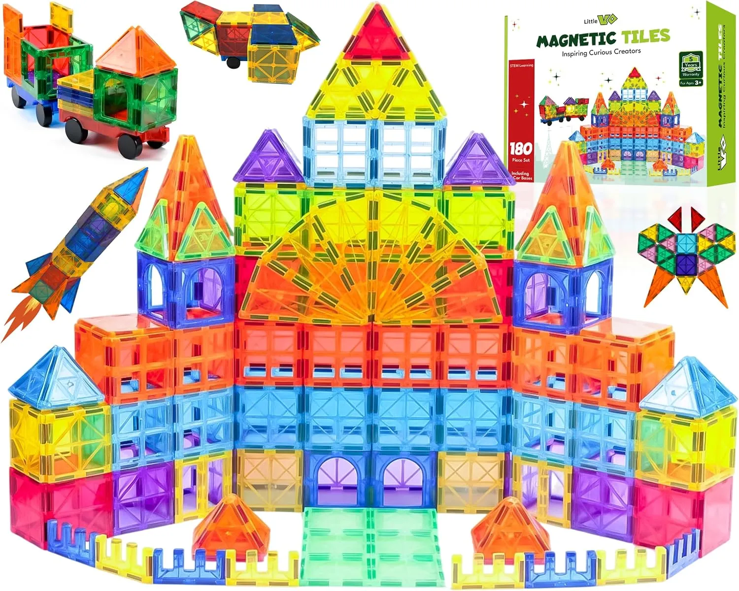 Magnetic Tiles 180 PCS with 2 Cars – STEM Building Blocks for Kids, Educational Gift for Boys & Girls