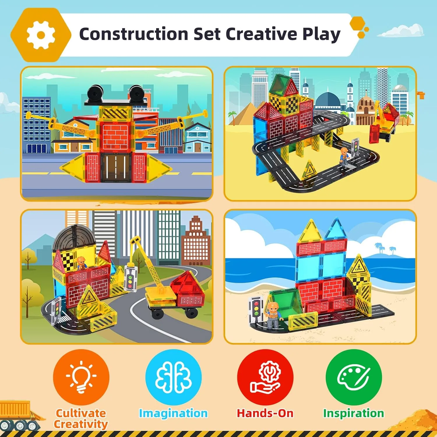 Magnetic Tiles Road Set - City Construction Building Toys, Magnetic Blocks with Extendable Crane and Car,Kids Toys for Boys & Girls Ages 3 , Creative Kids Games Gifts