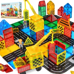 Magnetic Tiles Road Set - City Construction Building Toys, Magnetic Blocks with Extendable Crane and Car,Kids Toys for Boys & Girls Ages 3 , Creative Kids Games Gifts